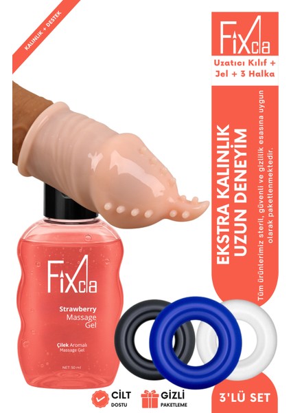 3’lü Set – Uzatıcı Kılıf, 3 Silikon Halka ve Çilek Aromalı Jel – Ekstra Kalınlık, Uzun Deneyim