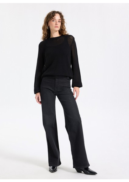 Yüksek Bel Bol Paça Flare Siyah Kadın Denim Pantolon J5WL-PNT7068