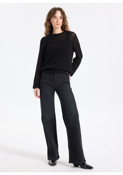 Yüksek Bel Bol Paça Flare Siyah Kadın Denim Pantolon J5WL-PNT7068 fiyatları