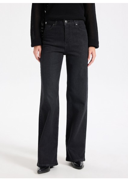 Yüksek Bel Bol Paça Flare Siyah Kadın Denim Pantolon J5WL-PNT7068 modelleri