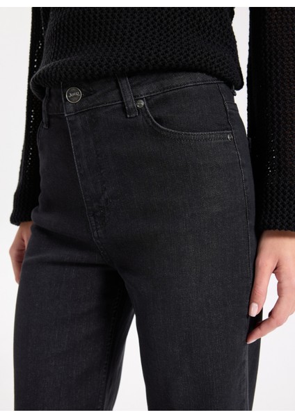 Yüksek Bel Bol Paça Flare Siyah Kadın Denim Pantolon J5WL-PNT7068 fırsatları