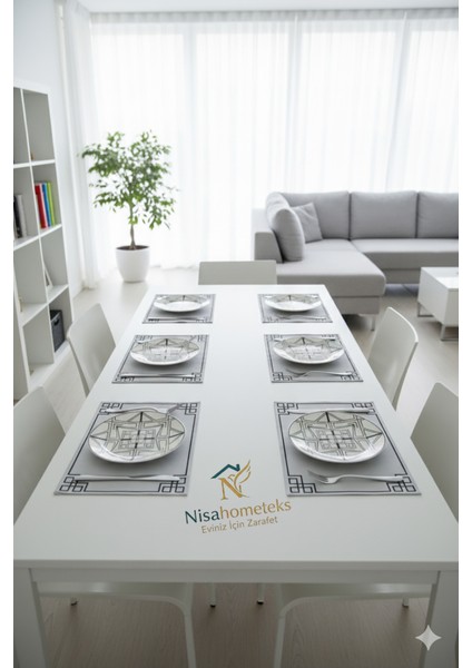 6 Adet Dikdörtgen Nakışlı Keten Amerikan Servis - Keten Supla