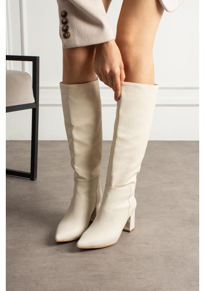 Lollr Kadın Çizme Kalın Topuklu Kırışık Bej Deri