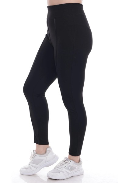 Kadın Siyah Beli Lastikli Önü Deri Şeritli Toparlayıcı Büyük Beden Tayt