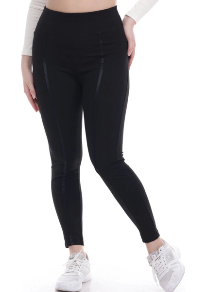 Kadın Siyah Beli Lastikli Önü Deri Şeritli Toparlayıcı Büyük Beden Tayt fiyatları