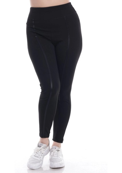 Kadın Siyah Beli Lastikli Önü Deri Şeritli Toparlayıcı Büyük Beden Tayt modelleri