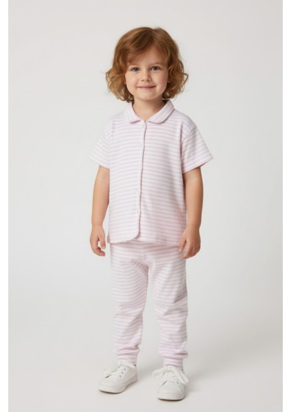 Kız Çocuk Pembe Çizgili Fitilli Kaşkorse Alt Üst Takım