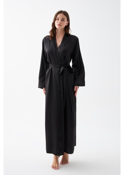 Kadın Uzun Siyah Saten Sabahlık