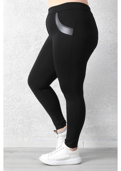 Kadın Siyah Beli Lastikli Deri Sahte Cep Detaylı Toparlayıcı Büyük Beden Tayt fiyatları