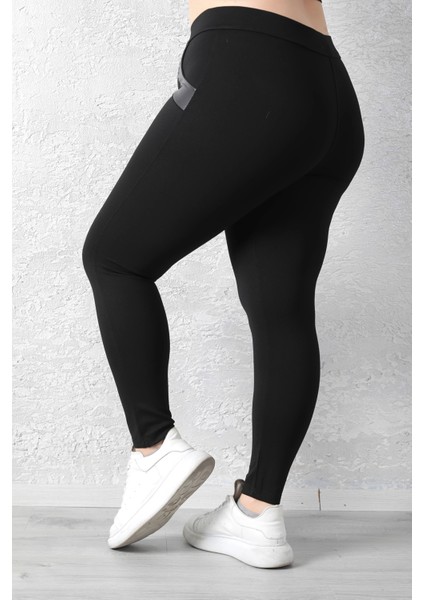 Kadın Siyah Beli Lastikli Deri Sahte Cep Detaylı Toparlayıcı Büyük Beden Tayt fırsatları