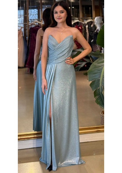 Mint Straplez Yaka Göğüs Dekolteli Düz Kesim Likralı Parlak Kumaş Uzun Abiye Elbise 11083-05