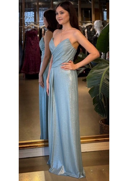 Mint Straplez Yaka Göğüs Dekolteli Düz Kesim Likralı Parlak Kumaş Uzun Abiye Elbise 11083-05 fiyatları