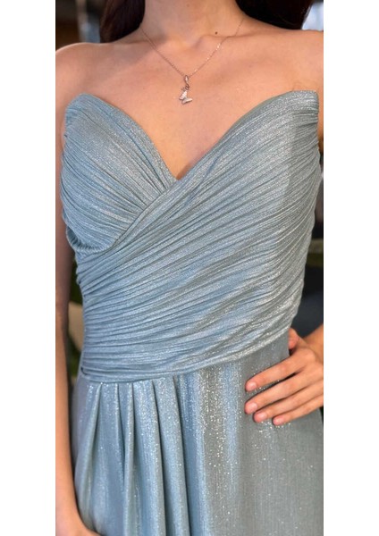 Mint Straplez Yaka Göğüs Dekolteli Düz Kesim Likralı Parlak Kumaş Uzun Abiye Elbise 11083-05 fırsatları