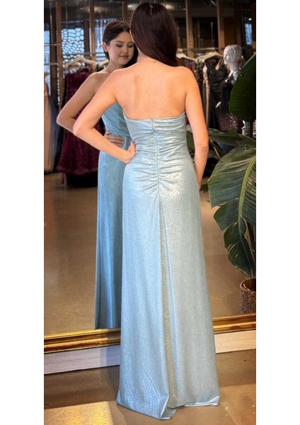 Mint Straplez Yaka Göğüs Dekolteli Düz Kesim Likralı Parlak Kumaş Uzun Abiye Elbise 11083-05 indirimleri