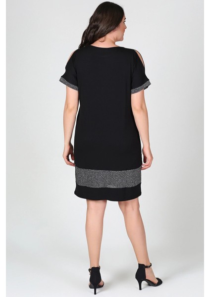 Kadın Siyah Eteği Kol Ucu Simli Omuz Dekolteli Büyük Beden Elbise fırsatları