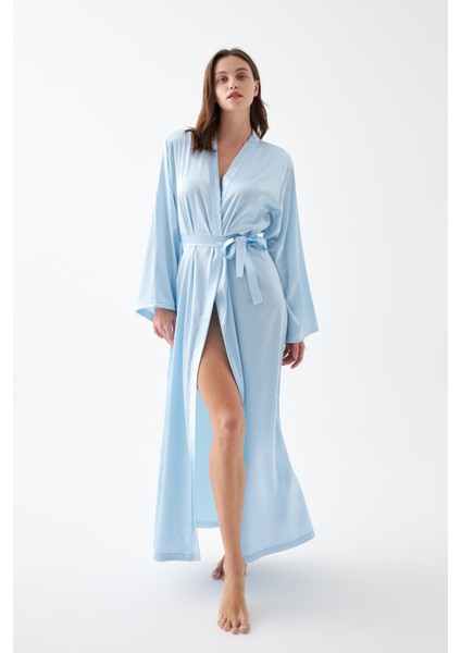 Kadın Uzun Mavi Saten Sabahlık