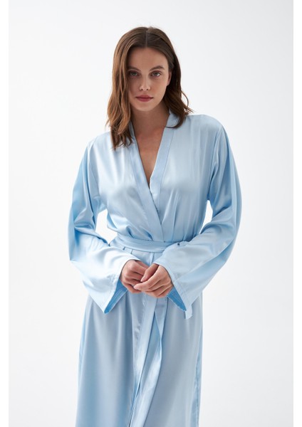 Kadın Uzun Mavi Saten Sabahlık fiyatları