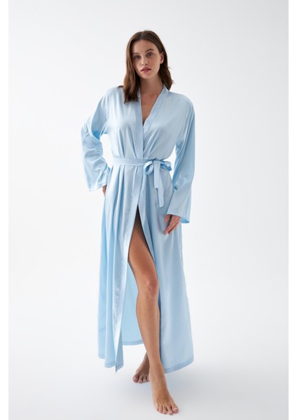 Kadın Uzun Mavi Saten Sabahlık fırsatları