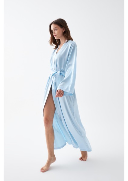 Kadın Uzun Mavi Saten Sabahlık indirimleri