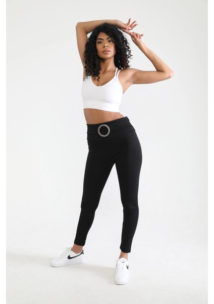 Kadın Siyah Beli Kemerli Toparlayıcı Büyük Beden Tayt