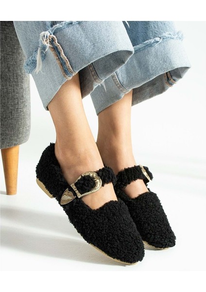 Kadın Tokalı Kışlık Babet Ev ve Dış Mekan Ayakkabısı - Siyah - 38