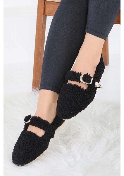 Kadın Tokalı Kışlık Babet Ev ve Dış Mekan Ayakkabısı - Siyah - 38 fiyatları