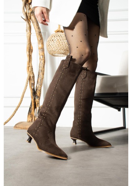 Luminya Kadın Çizme Ince Topuklu Yandan Pimli Kahverengi Süet