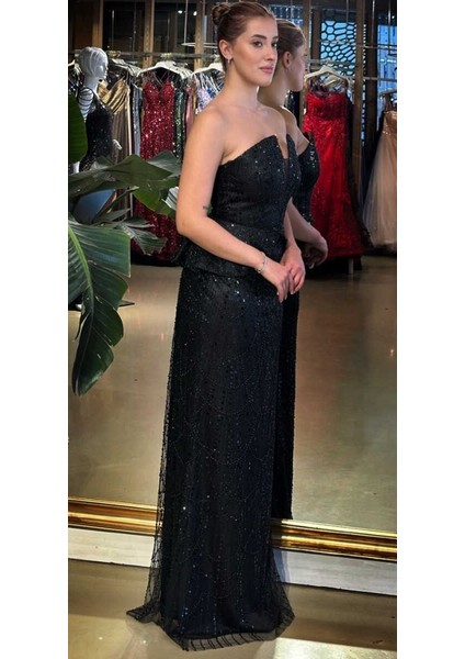 Siyah Straplez Yaka Sırt Dekolteli Düz Kesim Pullu Boncuklu Uzun Abiye Elbise 11116-02 fiyatları