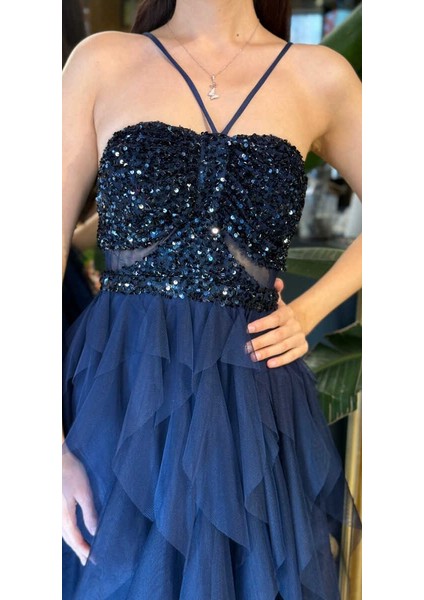 Lacivert Ip Askılı Bel Dekolteli Kloş Etekli Likralı Tül Uzun Abiye Elbise 11048-02 fırsatları