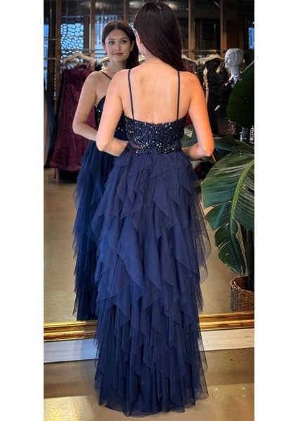 Lacivert Ip Askılı Bel Dekolteli Kloş Etekli Likralı Tül Uzun Abiye Elbise 11048-02 indirimleri