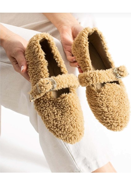 Kadın Tokalı Kışlık Babet Ev ve Dış Mekan Ayakkabısı - Vizon - 36