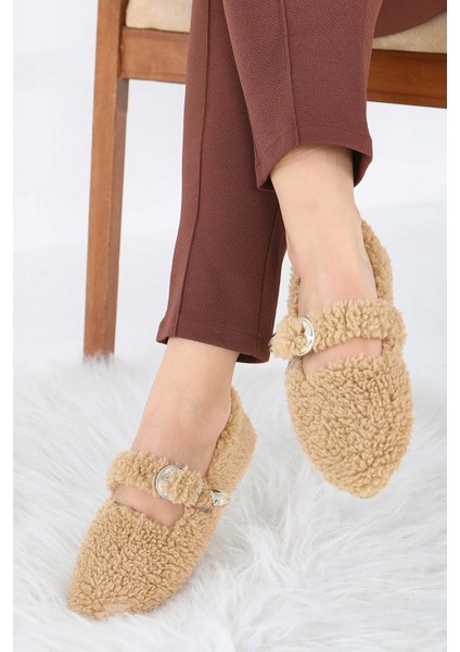 Kadın Tokalı Kışlık Babet Ev ve Dış Mekan Ayakkabısı - Vizon - 36 fiyatları