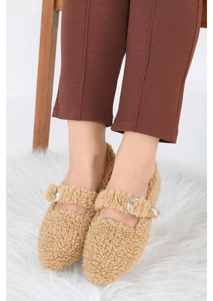 Kadın Tokalı Kışlık Babet Ev ve Dış Mekan Ayakkabısı - Vizon - 36 modelleri