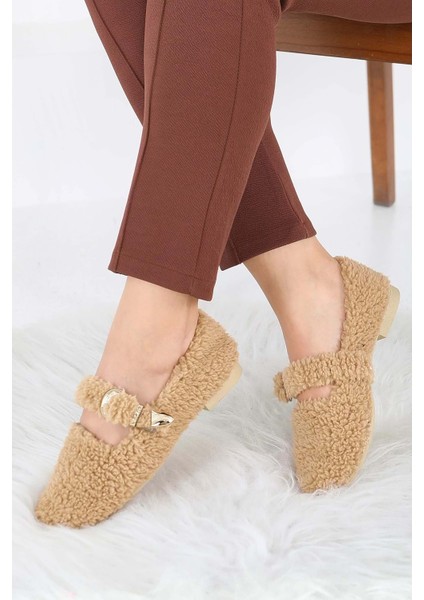 Kadın Tokalı Kışlık Babet Ev ve Dış Mekan Ayakkabısı - Vizon - 36 fırsatları