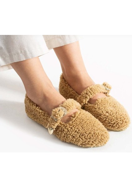 Kadın Tokalı Kışlık Babet Ev ve Dış Mekan Ayakkabısı - Vizon - 36 indirimleri