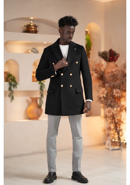 Italyan Yaka Yünlü Kruvaze Kaşe Kaban