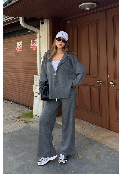 Antrasit Fermuarlı Kapüşonlu Triko Takım - 0511