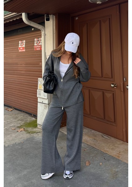 Antrasit Fermuarlı Kapüşonlu Triko Takım - 0511 fiyatları