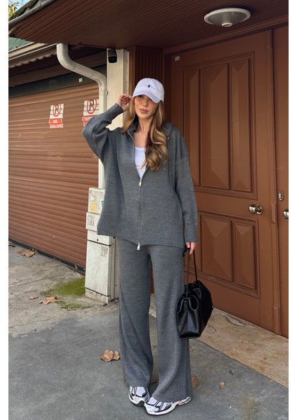 Antrasit Fermuarlı Kapüşonlu Triko Takım - 0511 modelleri