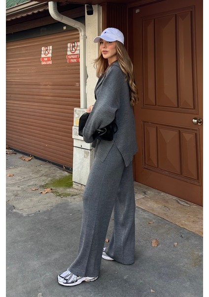 Antrasit Fermuarlı Kapüşonlu Triko Takım - 0511 fırsatları