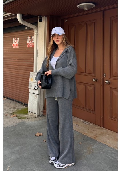Antrasit Fermuarlı Kapüşonlu Triko Takım - 0511 indirimleri