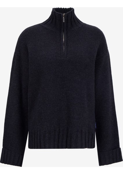 Fermuarlı Yaka Relaxed Düz Siyah Kazak Kadın M5WL-KZK1451