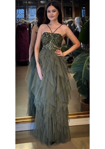 Olive Ip Askılı Bel Dekolteli Kloş Etekli Likralı Tül Uzun Abiye Elbise 11048-04