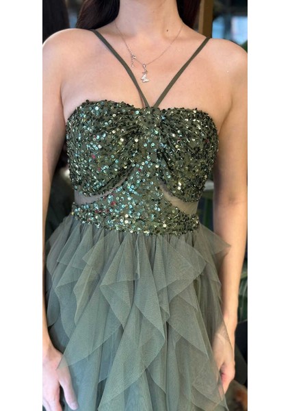 Olive Ip Askılı Bel Dekolteli Kloş Etekli Likralı Tül Uzun Abiye Elbise 11048-04 fırsatları