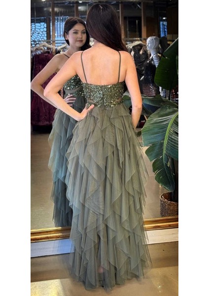 Olive Ip Askılı Bel Dekolteli Kloş Etekli Likralı Tül Uzun Abiye Elbise 11048-04 indirimleri