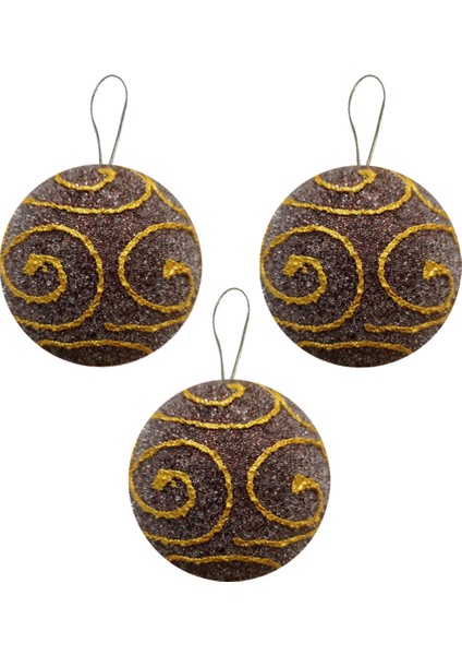 8 cm Kahverengi Desenli Lüks Ağaç Süsleme Topları 3lü
