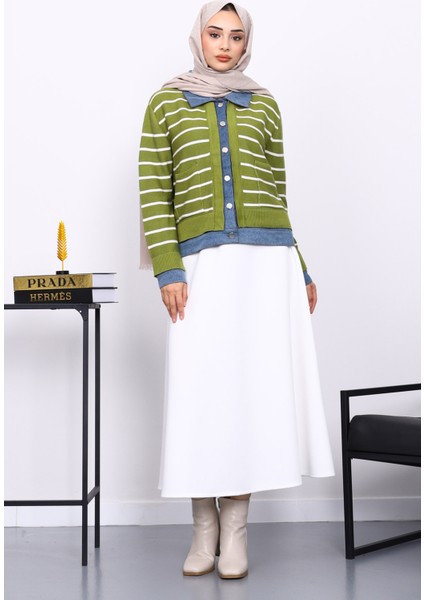 Yeşil Düğmeli Kot Detaylı Triko Hırka fiyatları