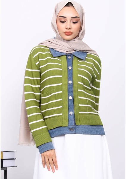 Yeşil Düğmeli Kot Detaylı Triko Hırka modelleri