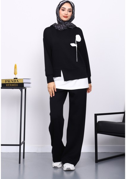 Siyah Bisiklet Yaka Gül Detaylı Tunik Pantolonlu Modal Takım