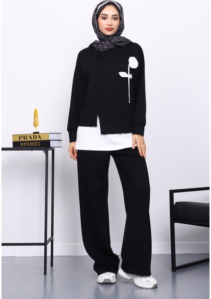 Siyah Bisiklet Yaka Gül Detaylı Tunik Pantolonlu Modal Takım fiyatları